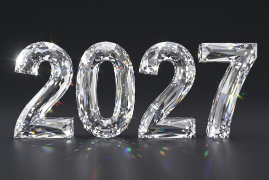 Digital representation of the year 2027 displayed with crystal-like numbers on a dark background