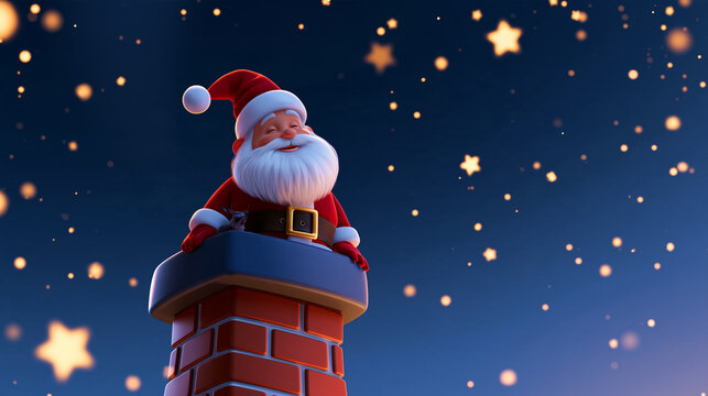 Santa Claus standing on top of a chimney in a festive painting, with copy space