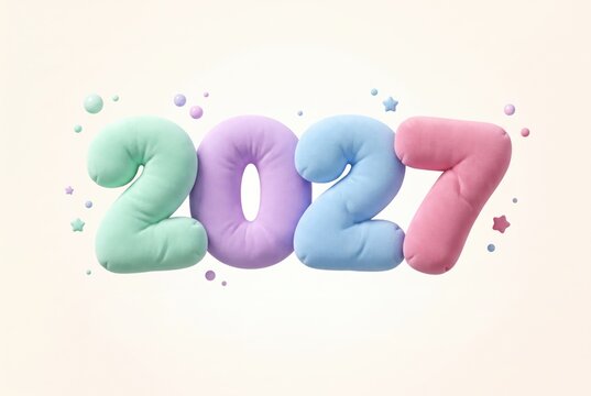 Big number balloons for the year 2027 in pastel colors with small stars and dots scattered around