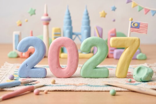Colorful clay numbers represent the year 2027 with landmarks in background on a textured surface