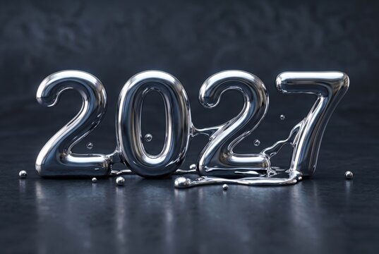 New year 2027 sign in metallic design on dark surface with reflections