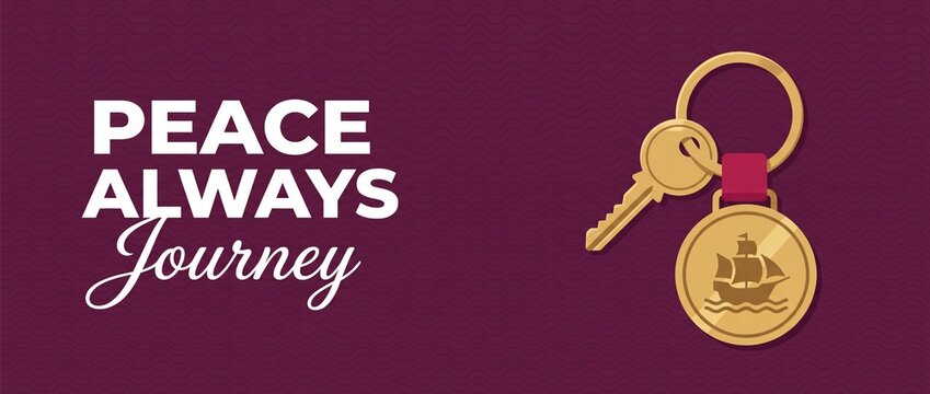 Peace journey gold key vector banner with dhow ship pendant on maroon background, featuring inspirational typography quote for Qatar national day graphic design background with copy space