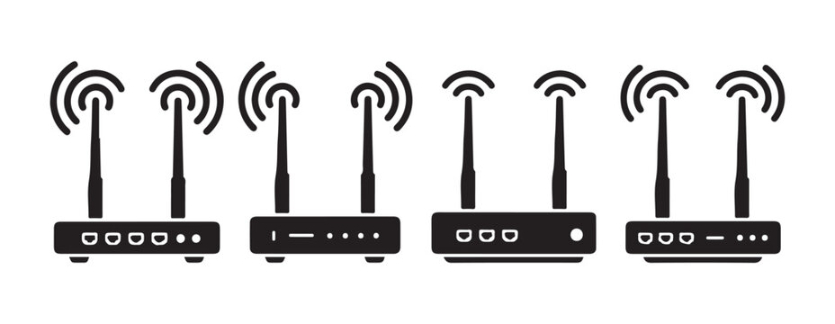 Black wireless router icons set with signal waves representing data transmission on transparent.