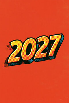 Bold graphic design showing the year 2027 in yellow and black on a red background