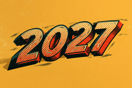 Colorful 3D text showing the numbers 2027 over a bright yellow background