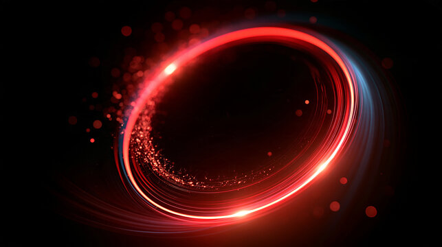 Abstract red neon circle frame with glowing particles and sparks, dynamic energy vortex on black, futuristic portal design element, with copy space