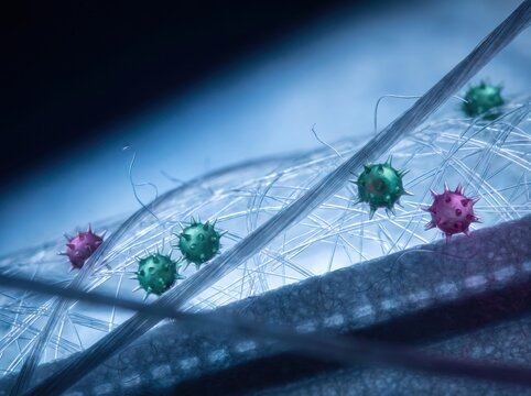 Spiky green and magenta microscopic particles on fibrous filter mesh