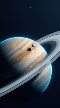 Ringed gas giant planet with moon and shadow in dark space