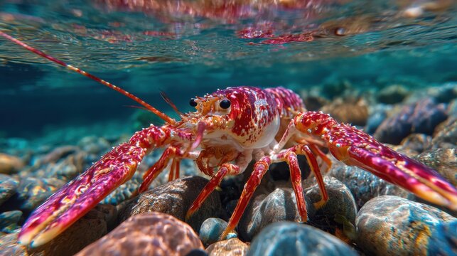 Bright coral lobster explores rocky ocean floor in clear water near a coastal area during day time Generative AI