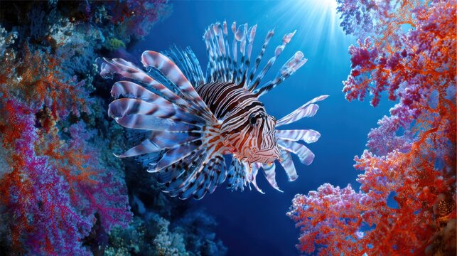 Colorful lionfish swims through coral reef in tropical ocean during bright daylight hours Generative AI