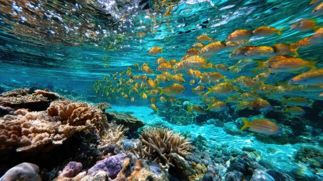 Vibrant school of fish swims above coral reef in clear tropical water during midday sunshine Generative AI