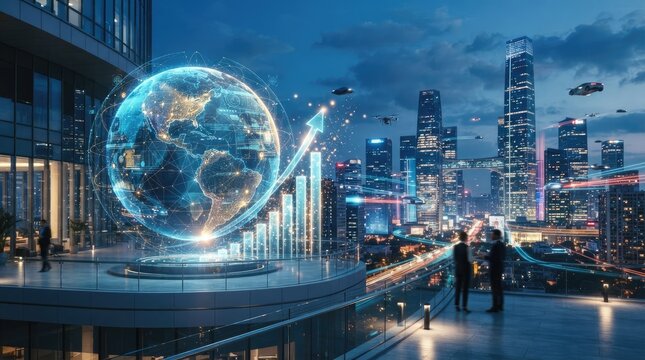 A futuristic cityscape with a glowing globe and flying drones, set against a dark blue sky with a few stars.
