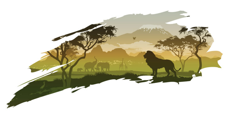 isolated fragment of african landscape with animals, plants. Vector illustration	