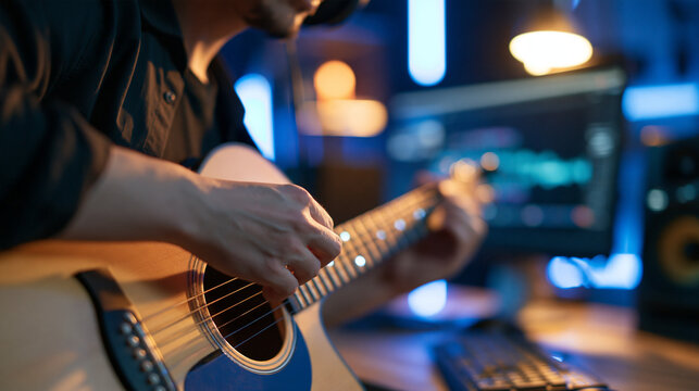 Faceless musician sitting at a desk playing an acoustic guitar while focusing on a computer monitor in a dimly lit room with blue lighting, creating music or learning online, with