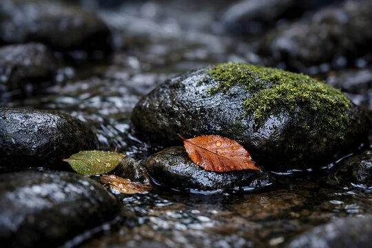 Moss covered creek rocks with autumn leaves and flowing water