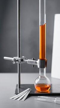 Orange liquid rising in glass tube above round flask on lab stand