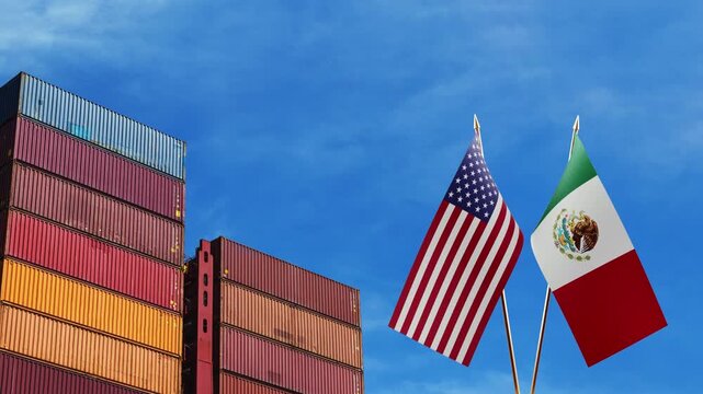 United States and Mexico flags waving in front of cargo shipping containers under blue sky. 4K video representing US and Mexican international trade, export, and logistics relations.