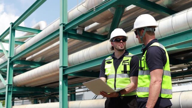 Two male industrial engineers wearing hard hats and safety vests discussing a project on a laptop in front of pipelines at a refinery.