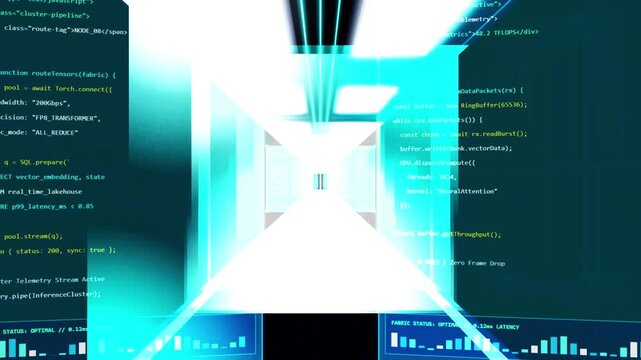 Futuristic Data Center Server Corridor Fly Through with Holographic Code HUD and Glowing Portal Loop