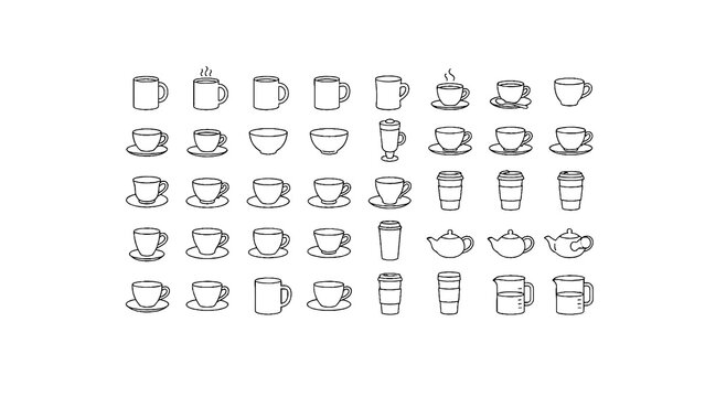 Coffee and tea cups line art vector set of drinkware and mug icons