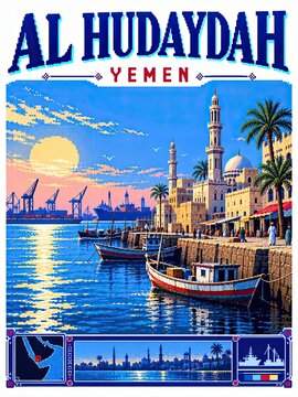 Retro travel poster of Al Hudaydah, Yemen, showing fishing boats and a historic harbor at sunset.