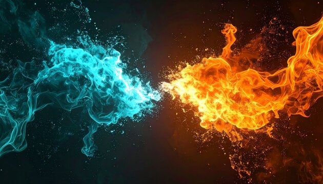 Fire and Ice Energy Clash Digital Art Glowing Collision on Dark Background duality concept
