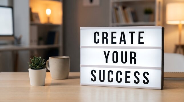 Create Your Success motivational message in bold black capital letters on a glowing light box placed on a wooden desk in an office interior