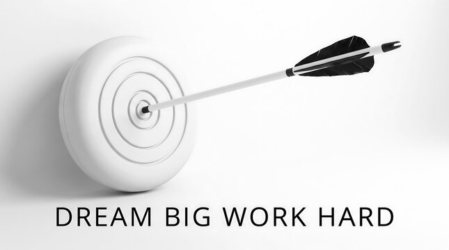 Dream Big Work Hard motivational message in bold black typography below a bullseye target hit dead center by an arrow