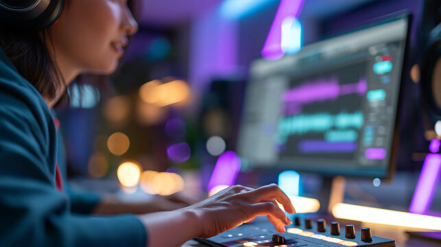 Faceless young woman using a digital audio workstation interface on a computer monitor in a modern home studio with neon lighting, music production, with copy space