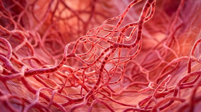 Microscopic view of blood capillaries, red blood cells flowing through narrow vessels, circulatory system.