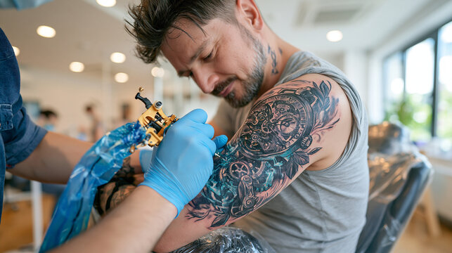 man receiving a realistic black and gray clock tattoo on his upper arm, close-up view of tattoo artist adding precise shading, bright contemporary studio, detailed mechanical elements, focus on need