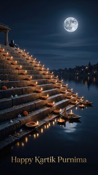 Diya lamps placed on stone ghat steps leading to sacred river water, honoring traditional indian festival kartik purnima under bright full moon light, holy night spiritual ritual dev deepawali.
