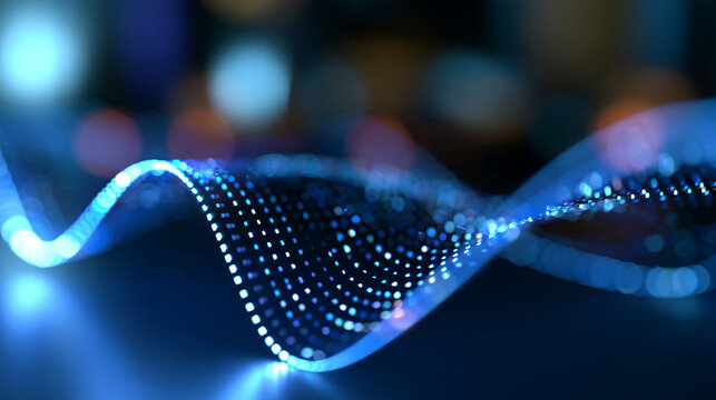 Abstract background with a glowing blue wave pattern composed of small digital pixels, modern futuristic design, with copy space