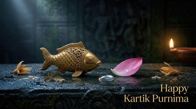 Golden fish statue symbolizing matsya avatar for kartik purnima celebration, featuring glowing clay lamp light, pink lotus petal, sacred water drop, wet stone altar background.