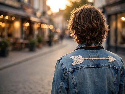 Person with wavy brown hair seen from behind, wearing a denim jacket with a white embroidered arrow on the back, walking down a blurred city street
