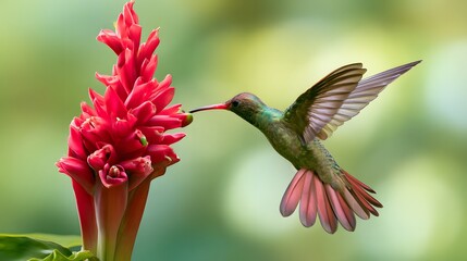Fototapeta premium Hummingbird hovering in air sipping nectar from red flower