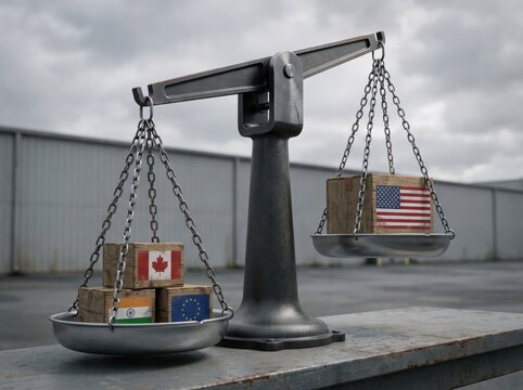 Iron balance scale tilted by crates with USA Canada India EU flags