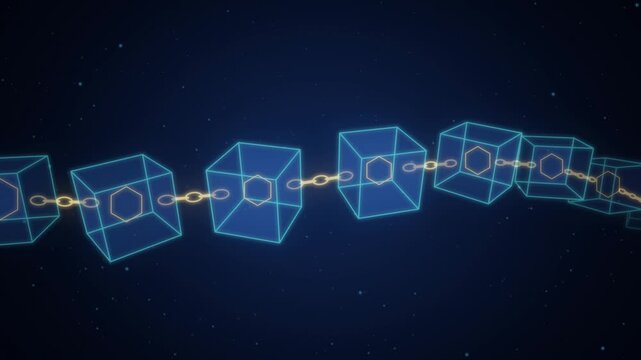 Floating blockchain cubes linking together in a glowing chain, cryptocurrency 4K seamless loop