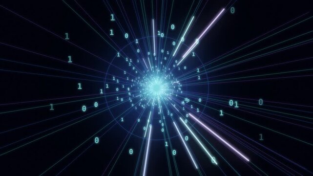 Flowing streams of binary numbers and data packets through glowing fiber optic tunnel, 4K seamless loop