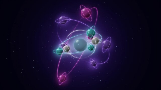 Quantum computing qubit spheres orbiting with glowing energy rings, futuristic 4K motion animation