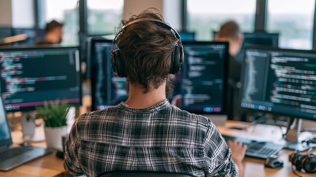 Focused coder wearing headphones intently analyzes lines of code on computer screens in a modern office setting