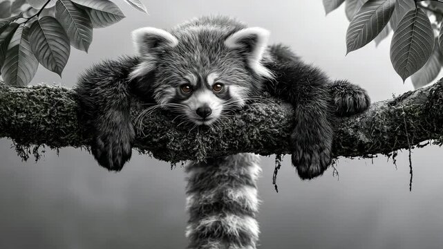 Red Panda Resting on Mossy Branch in Misty Forest Black and White