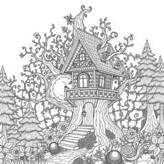 Fototapeta premium Intricate adult coloring book page of fantasy treehouse