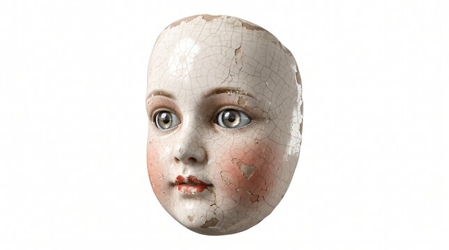 Vintage porcelain doll head with cracked paint and rosy cheeks a distressed antique toy isolated on white perfect for historical or nostalgic themes
