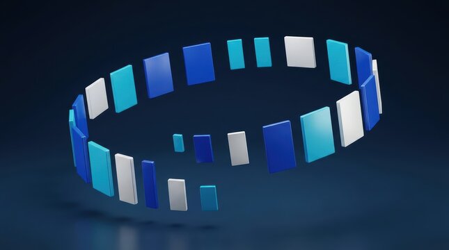Abstract 3D render of blue and white rectangular blocks arranged in a spiraling helix formation against dark background