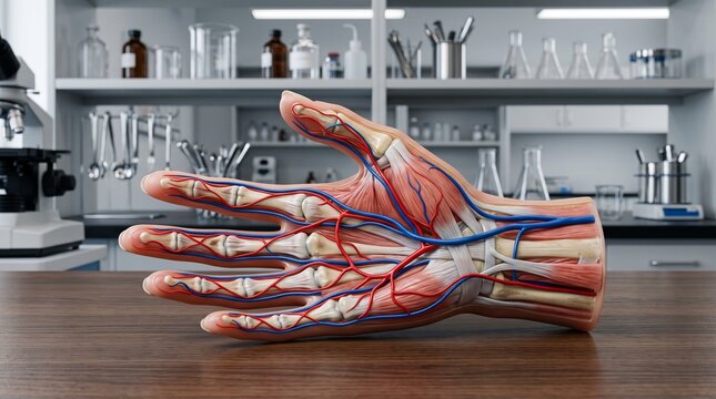 Detailed anatomical model of a human hand showcasing muscles and veins