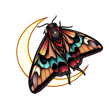Neo traditional moth and crescent moon tattoo flash art