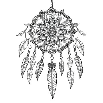 Intricate adult coloring book page with dreamcatcher