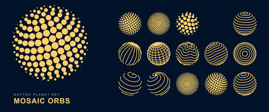 golden 3d wireframe geometric spheres collection, luxury metallic spiral globes on dark navy background, futuristic digital network planetary wireframe orbs, abstract science technology gold lines sph