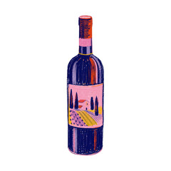 Fototapeta premium PNG Colorful wine bottle illustration with scenic label.